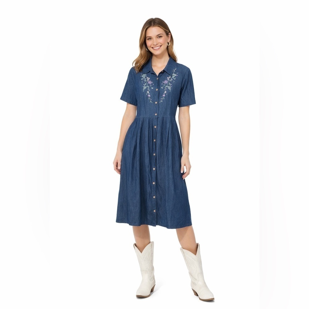 Naqui NY Denim Midi Dress Blue Embroidered Floral Button Front Size M